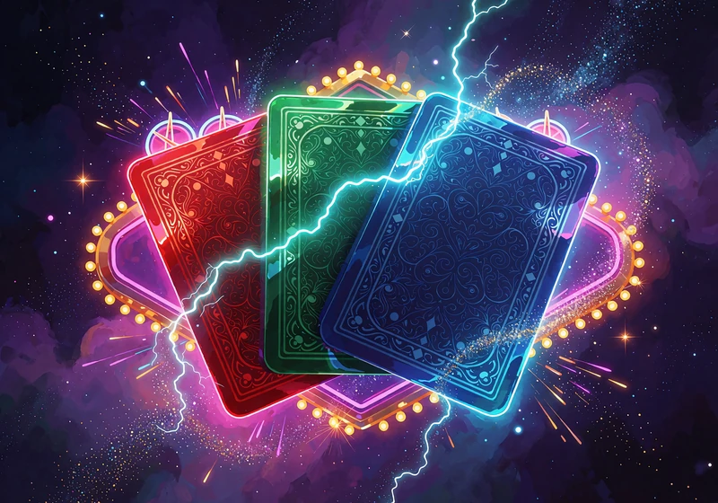 Tre spillekort i r&oslash;d, gr&oslash;n og bl&aring; med cyan lyn imellem som illustration af Lightning-spil i live casino