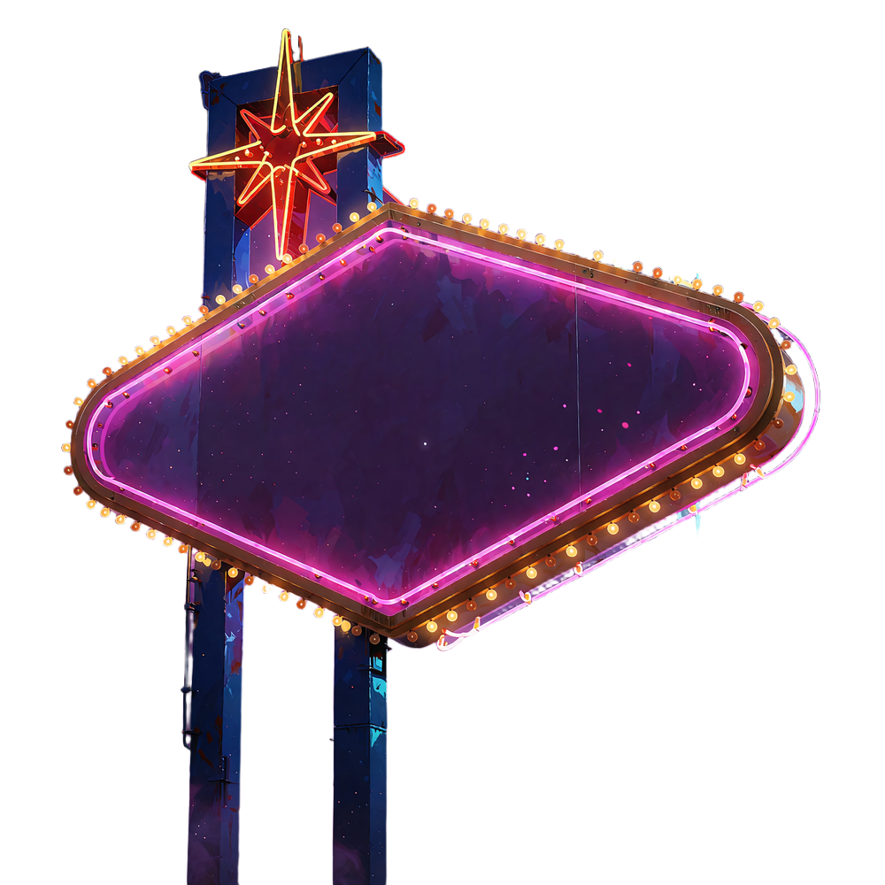 Retro Las Vegas-skilt med guldp&aelig;rer, neonstjerne og cyan palme som ramme om V.Vegas Casino-logoet