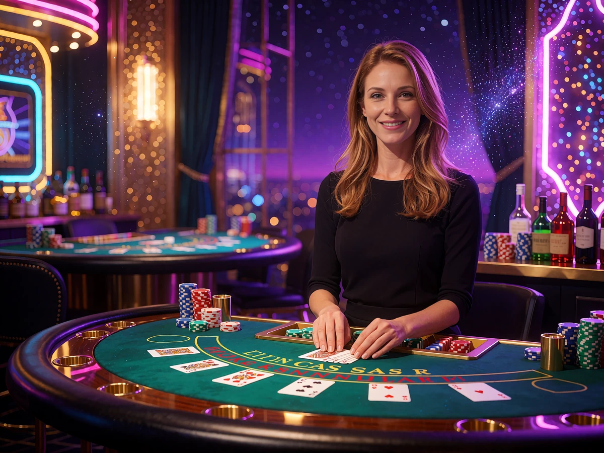 Smilende dealer ved et gr&oslash;nt blackjackbord med kort og jetoner i et live casino-studie med guldlys