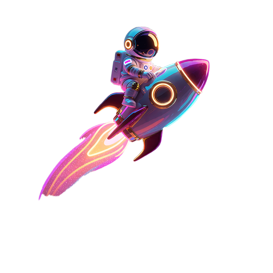 Lille astronaut i hvid dragt rider p&aring; en blank rumraket med magenta og guld halespor - illustration af crash games