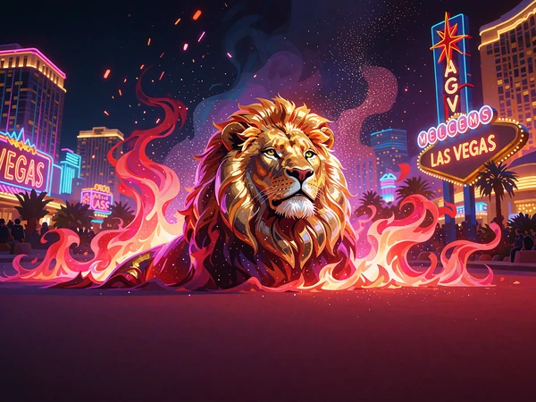 Gylden l&oslash;ve omgivet af flammer som stemningsbillede for Bonus Buy-slots i V.Vegas-lobbyen