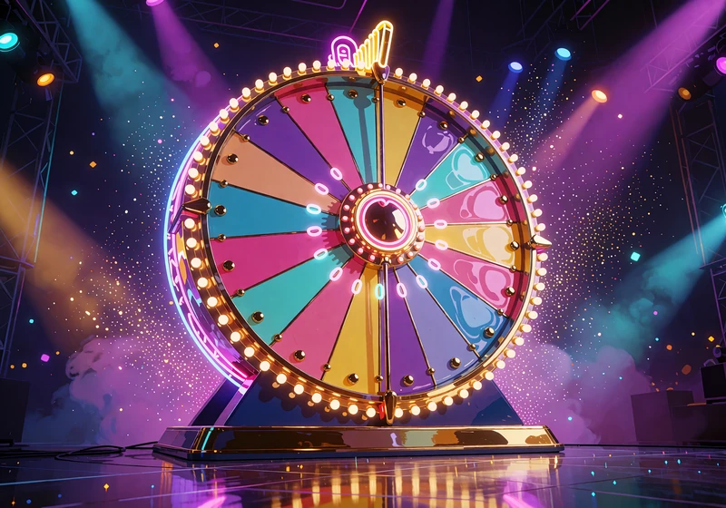 Stort farverigt pr&aelig;miehjul med guldpinde i et gameshow-studie, som i live-spillet Crazy Time