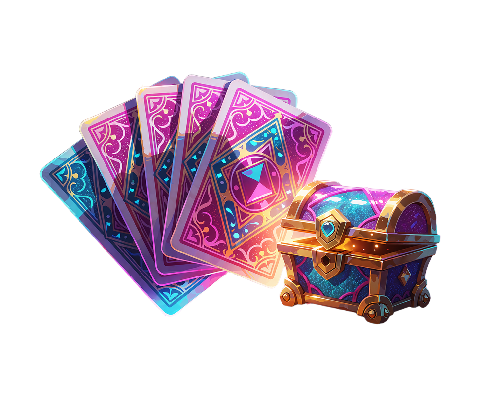 Vifte af fire kort med magentafarvede rygge og en lille skattekiste med guldkant og &aring;bent l&aring;g - Quest Cards og Loot Boxes hos V.Vegas