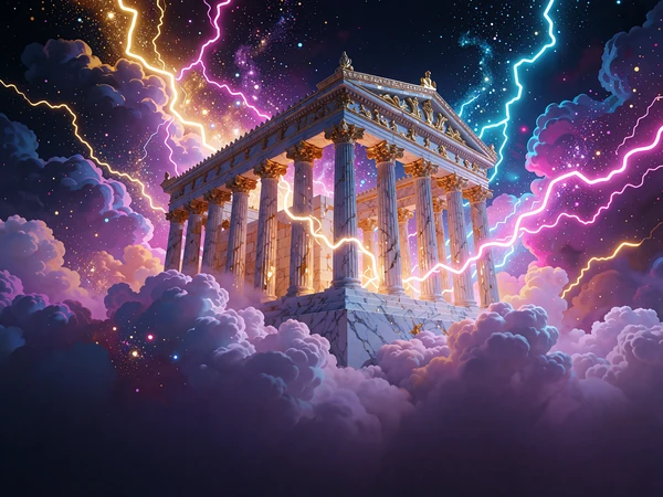 Gr&aelig;sk marmortempel p&aring; skyer med guld- og cyanlyn, inspireret af slotten Gates of Olympus
