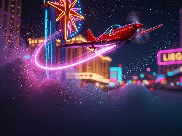 R&oslash;dt propelfly, der stiger over en stjernehimmel med magenta lysspor - illustration af crashspillet Aviator