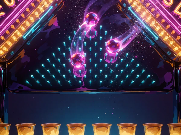 Neonbr&aelig;t med cyan pinde og magenta kugler, der falder mod guldb&aelig;gre - illustration af Plinko