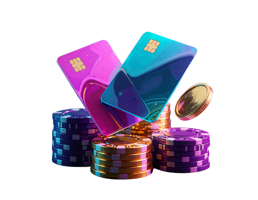 Magenta og cyan betalingskort sv&aelig;ver over stakke af guld- og violette casinochips med en snurrende guldm&oslash;nt