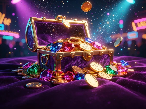 Skattekiste fyldt med guldm&oslash;nter og &aelig;delsten som illustration af Hold & Win-slots hos V.Vegas Casino